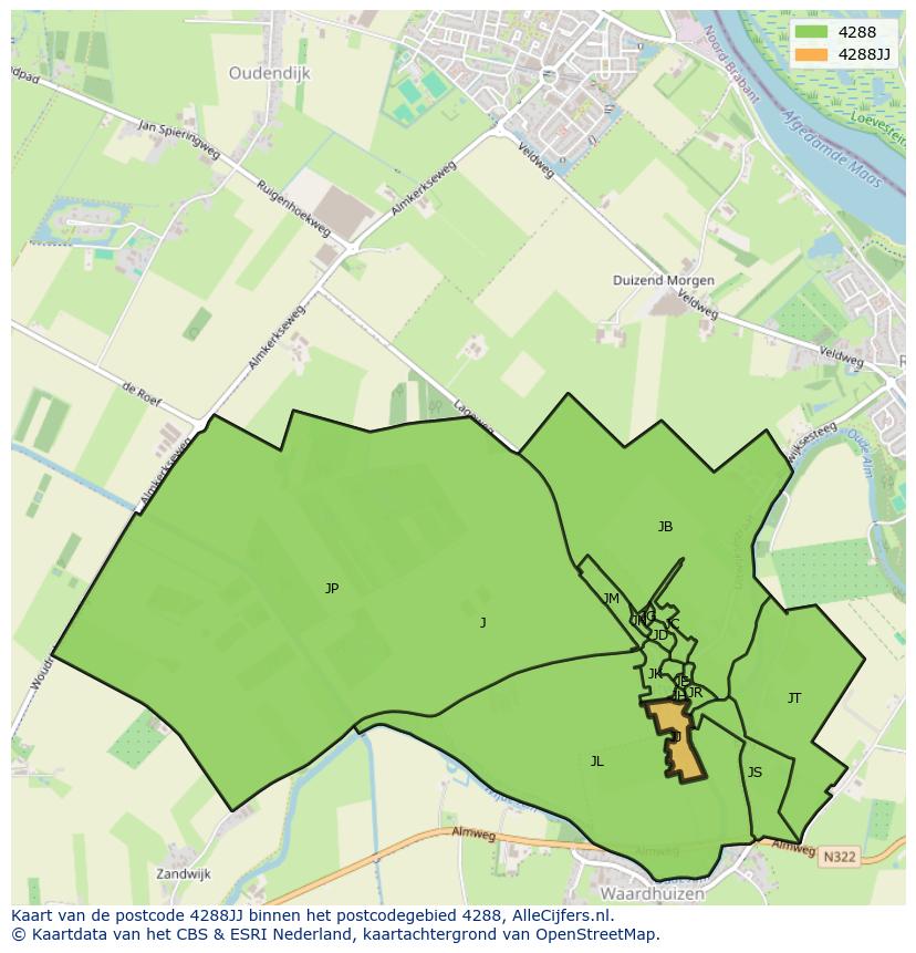 Afbeelding van het postcodegebied 4288 JJ op de kaart.