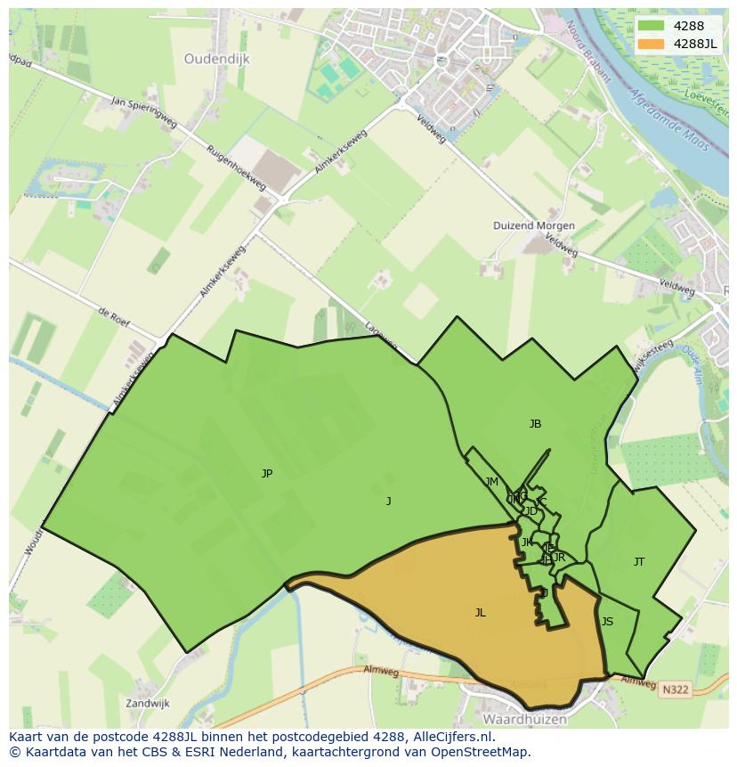 Afbeelding van het postcodegebied 4288 JL op de kaart.
