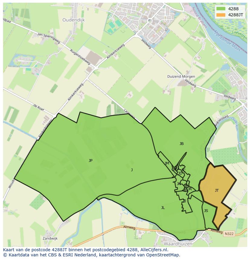 Afbeelding van het postcodegebied 4288 JT op de kaart.
