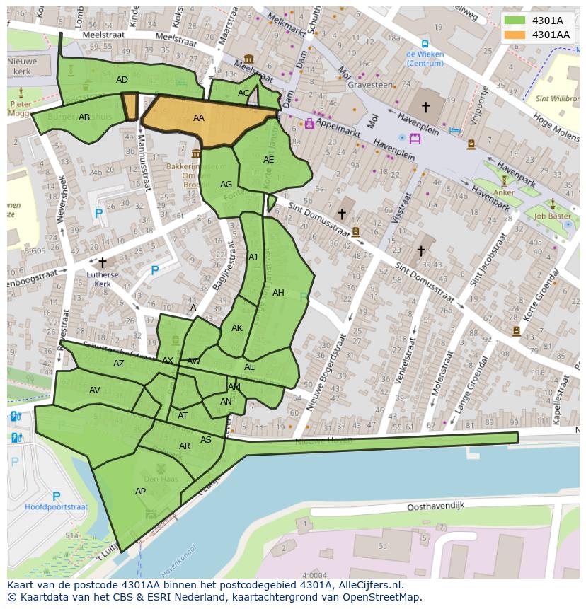 Afbeelding van het postcodegebied 4301 AA op de kaart.