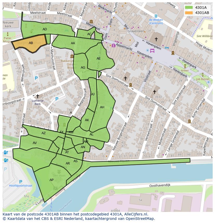 Afbeelding van het postcodegebied 4301 AB op de kaart.