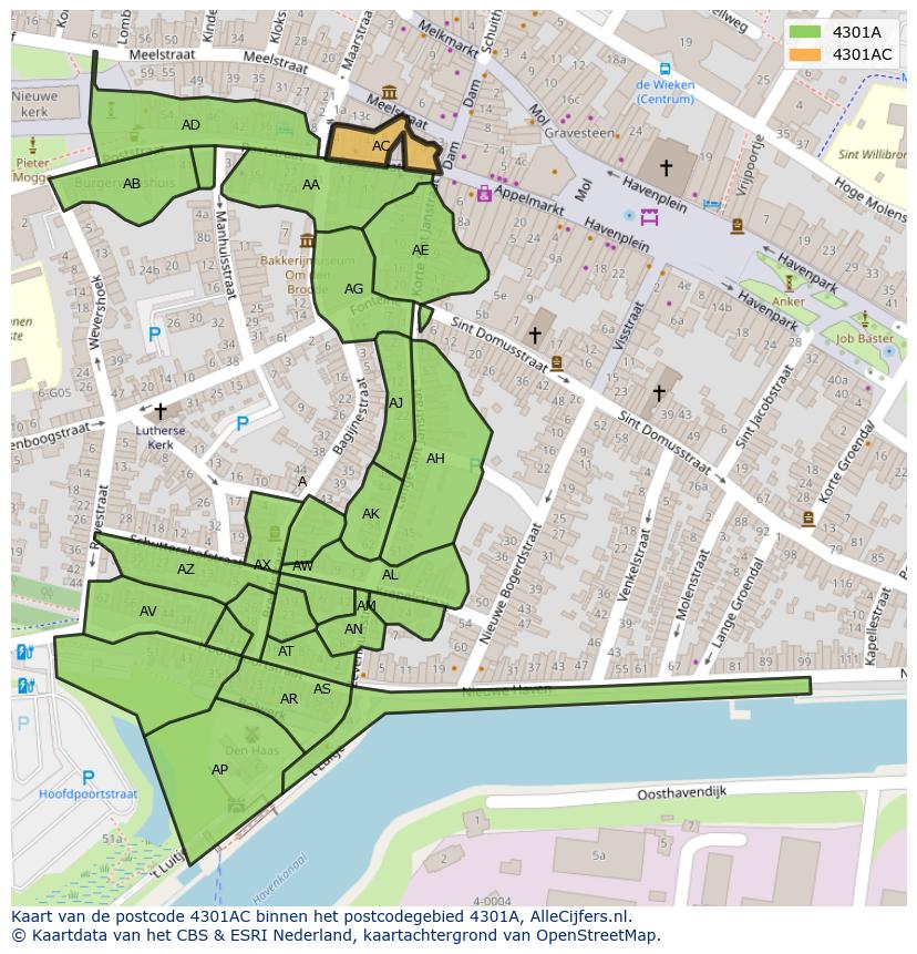 Afbeelding van het postcodegebied 4301 AC op de kaart.