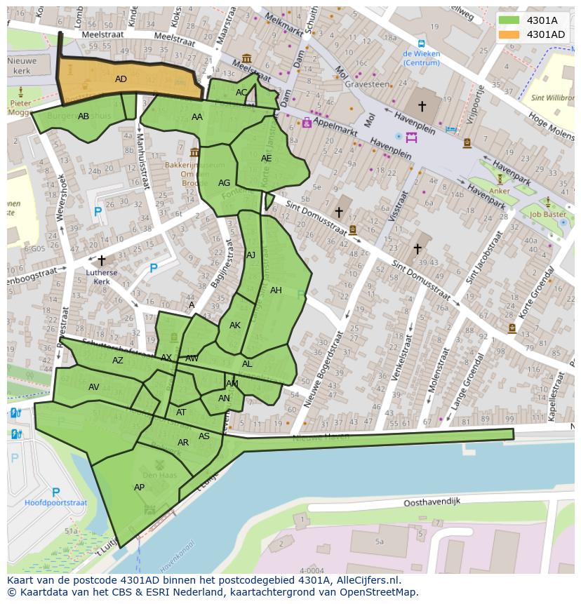 Afbeelding van het postcodegebied 4301 AD op de kaart.