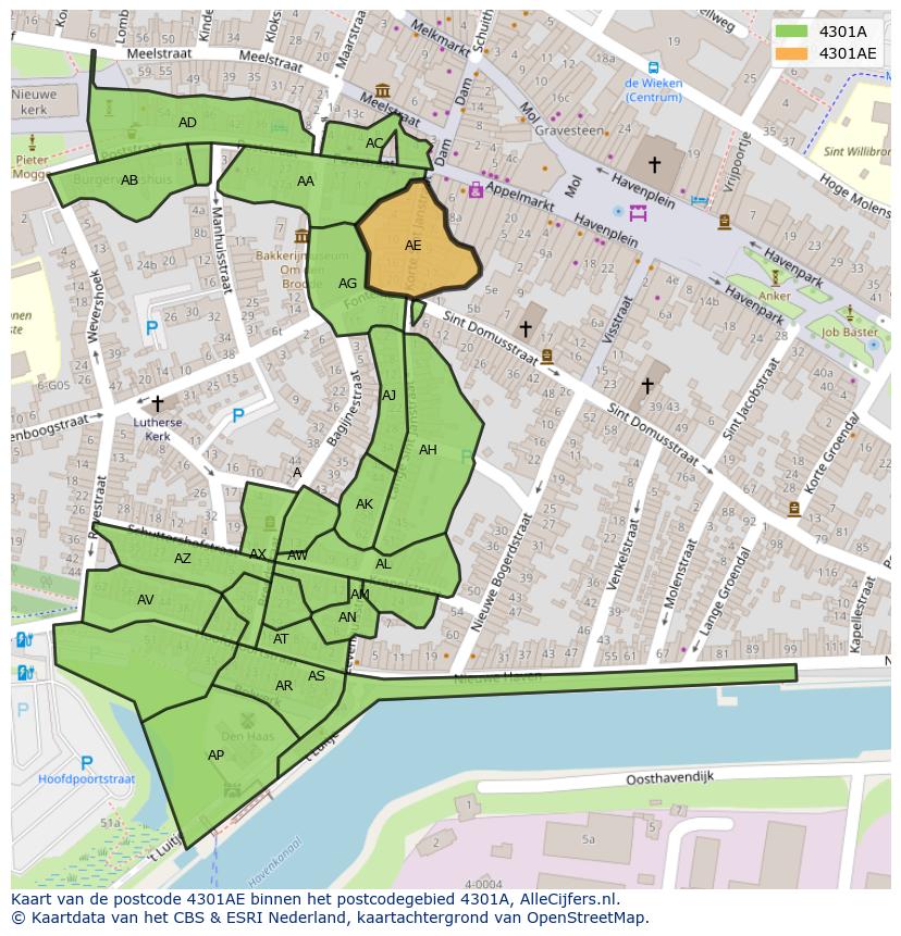 Afbeelding van het postcodegebied 4301 AE op de kaart.