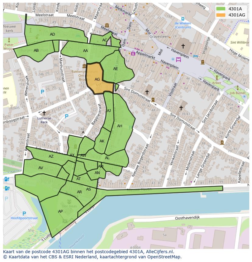 Afbeelding van het postcodegebied 4301 AG op de kaart.