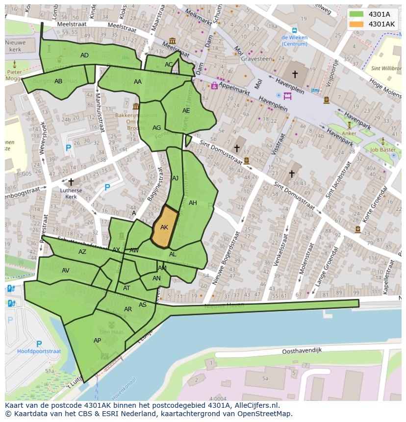 Afbeelding van het postcodegebied 4301 AK op de kaart.