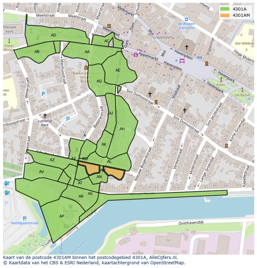 Afbeelding van het postcodegebied 4301 AM op de kaart.