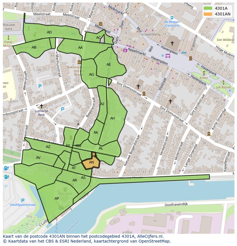 Afbeelding van het postcodegebied 4301 AN op de kaart.