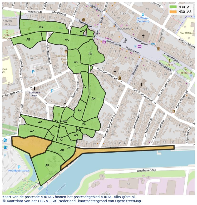 Afbeelding van het postcodegebied 4301 AS op de kaart.