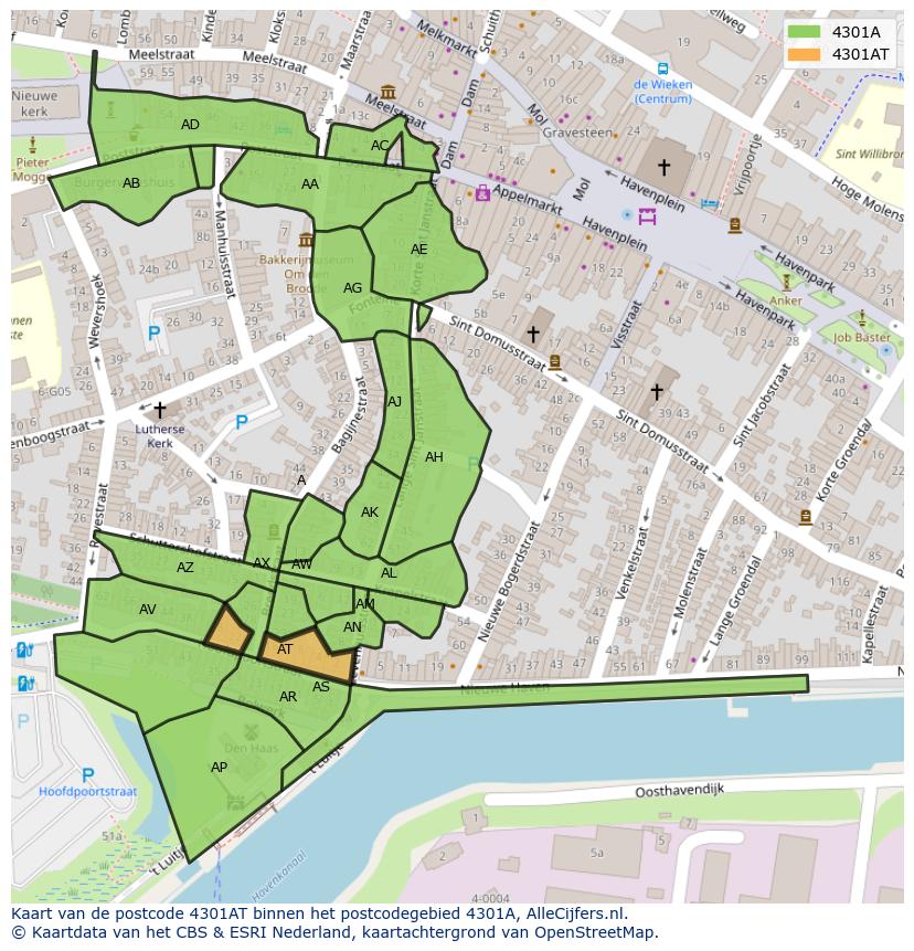 Afbeelding van het postcodegebied 4301 AT op de kaart.