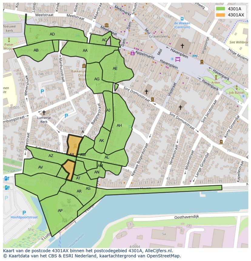 Afbeelding van het postcodegebied 4301 AX op de kaart.