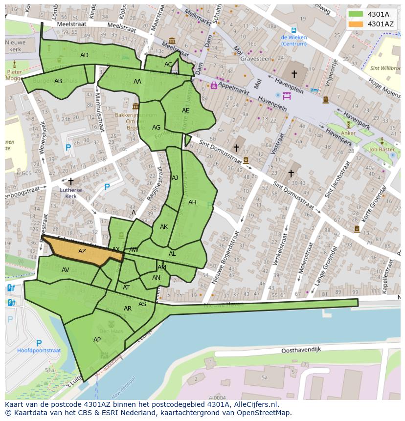 Afbeelding van het postcodegebied 4301 AZ op de kaart.