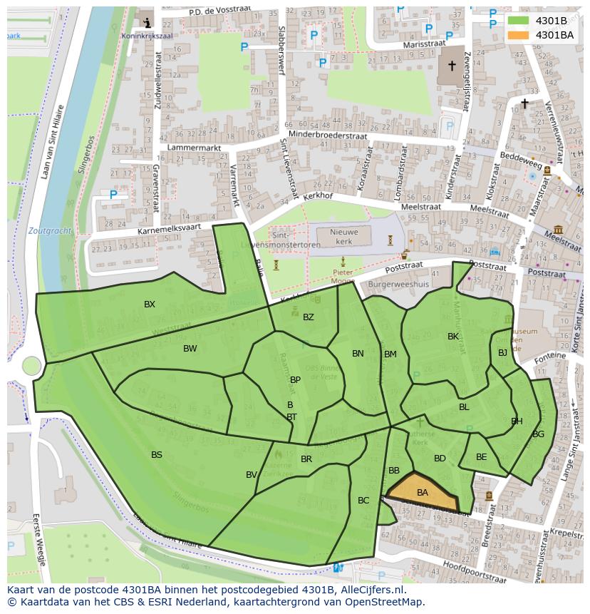 Afbeelding van het postcodegebied 4301 BA op de kaart.