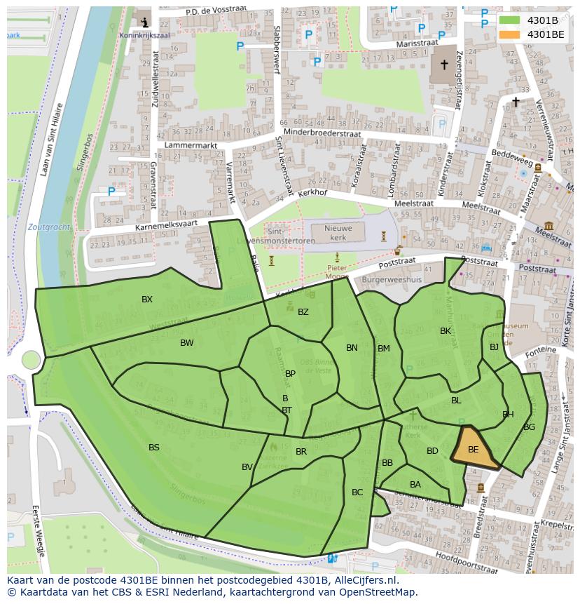 Afbeelding van het postcodegebied 4301 BE op de kaart.