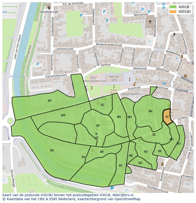 Afbeelding van het postcodegebied 4301 BJ op de kaart.
