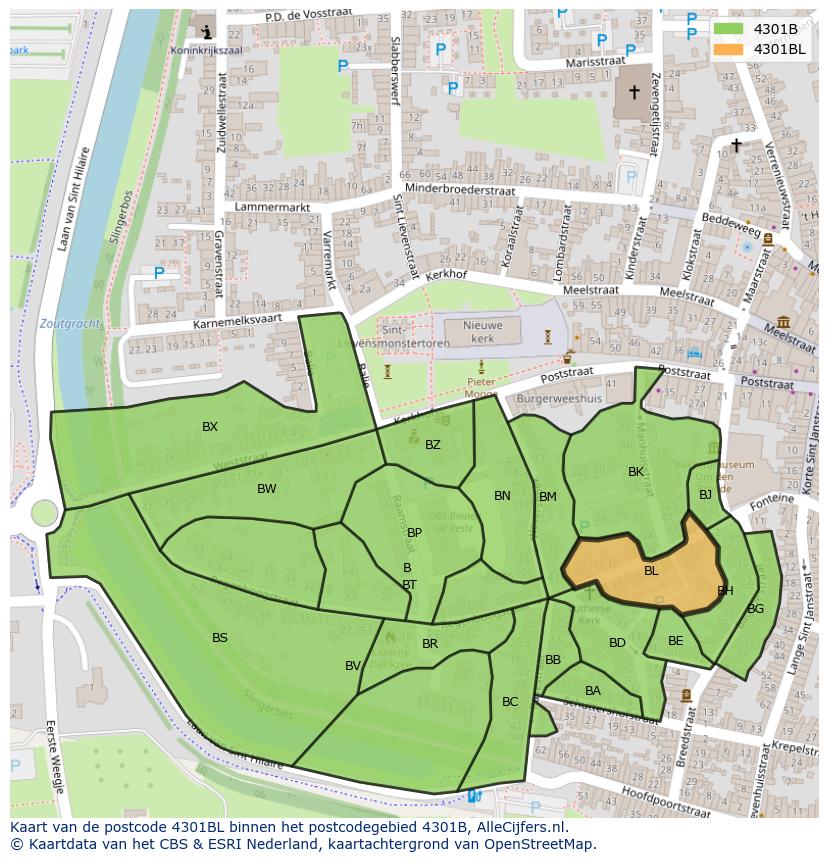 Afbeelding van het postcodegebied 4301 BL op de kaart.