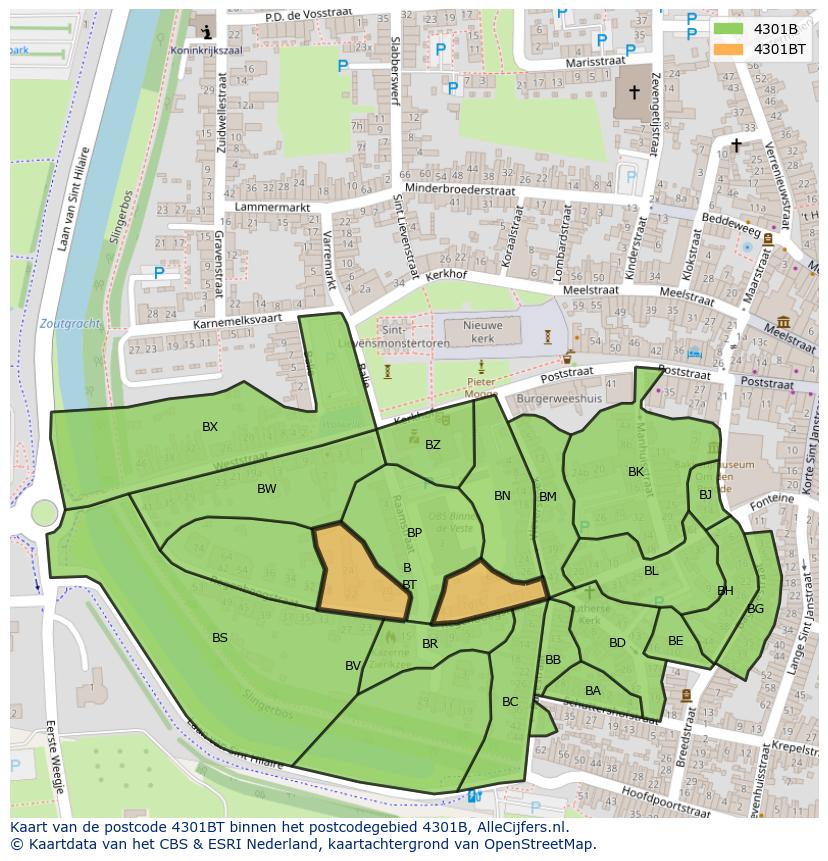 Afbeelding van het postcodegebied 4301 BT op de kaart.