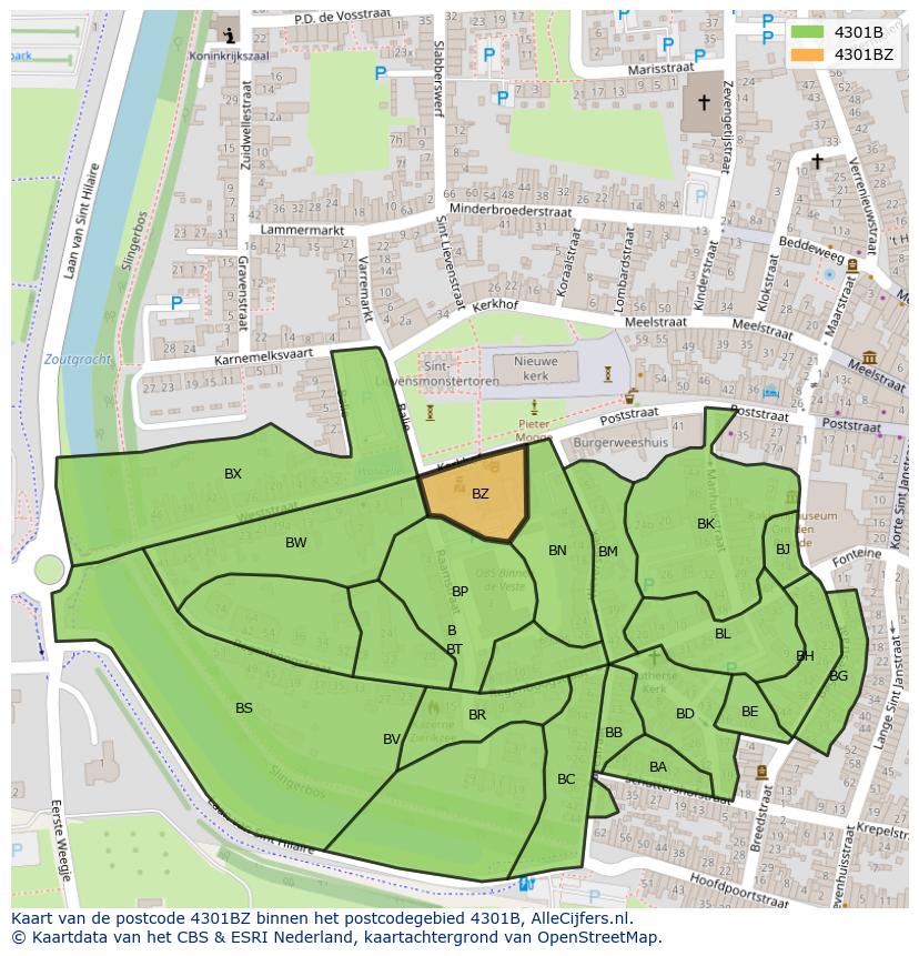 Afbeelding van het postcodegebied 4301 BZ op de kaart.