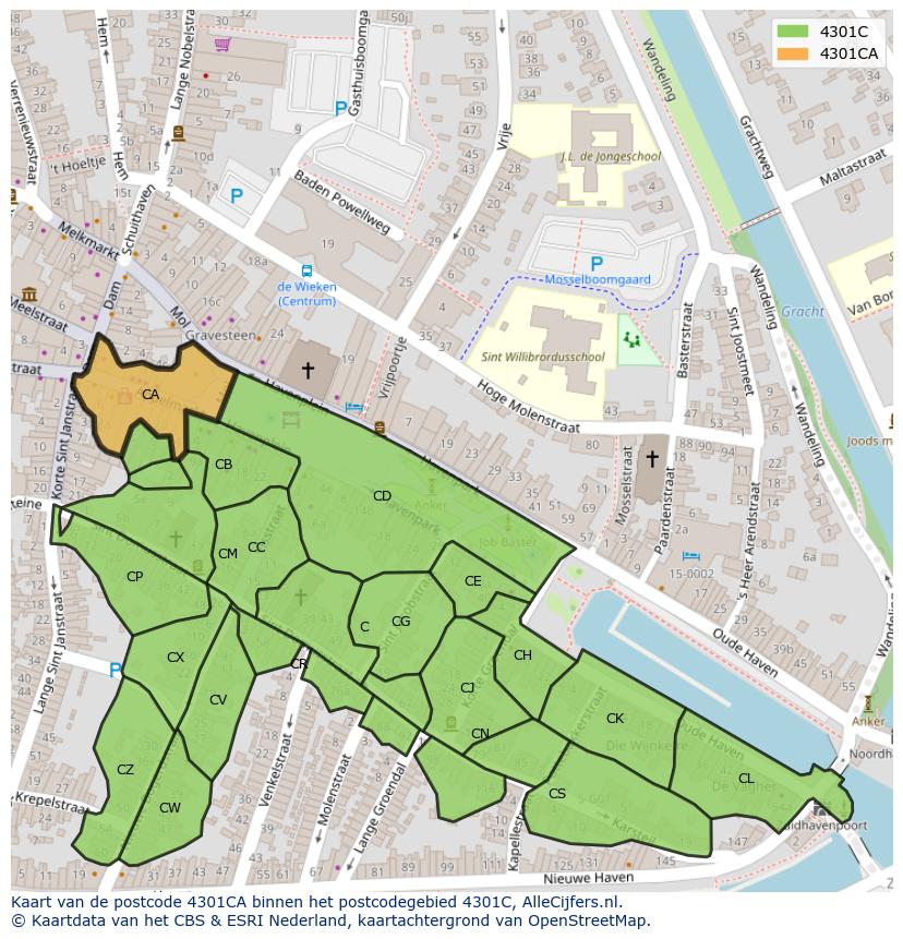 Afbeelding van het postcodegebied 4301 CA op de kaart.