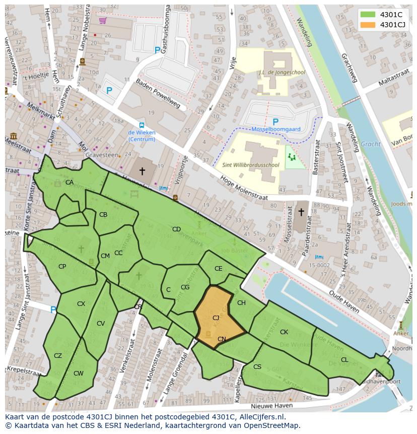 Afbeelding van het postcodegebied 4301 CJ op de kaart.