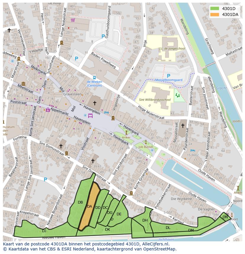 Afbeelding van het postcodegebied 4301 DA op de kaart.