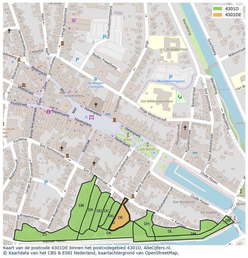 Afbeelding van het postcodegebied 4301 DE op de kaart.