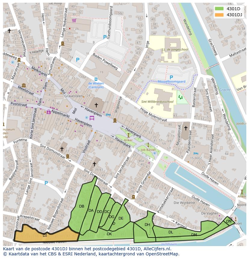 Afbeelding van het postcodegebied 4301 DJ op de kaart.