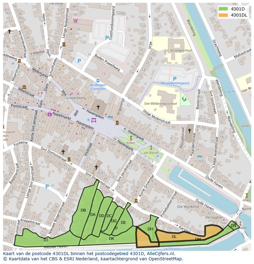 Afbeelding van het postcodegebied 4301 DL op de kaart.