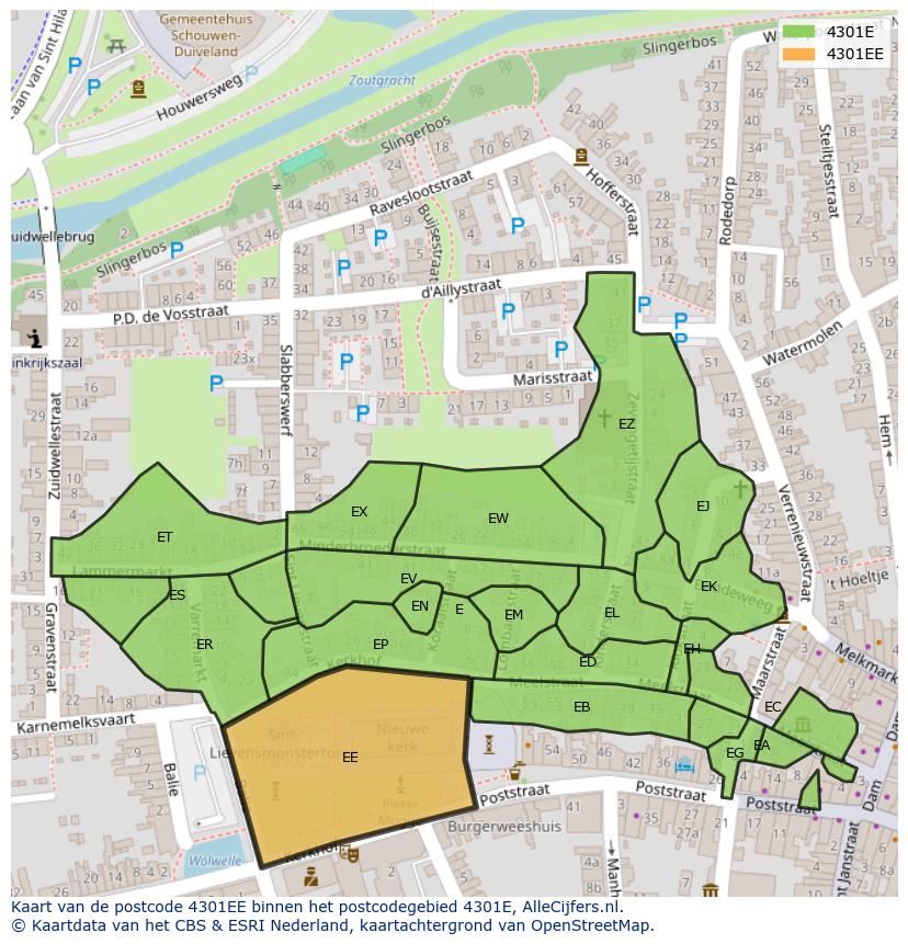 Afbeelding van het postcodegebied 4301 EE op de kaart.