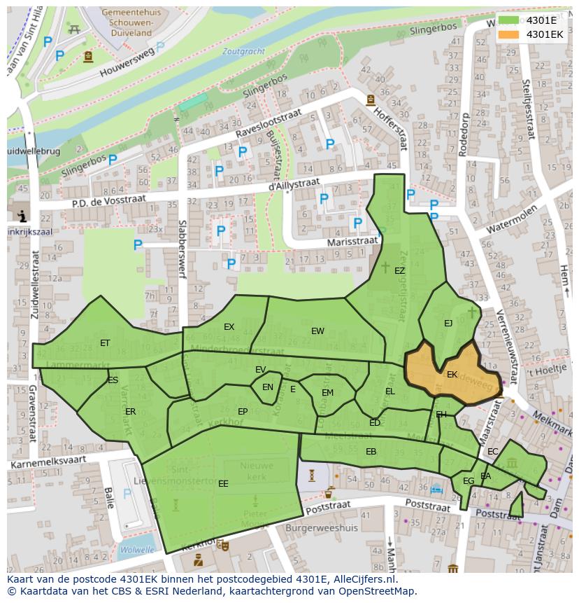 Afbeelding van het postcodegebied 4301 EK op de kaart.