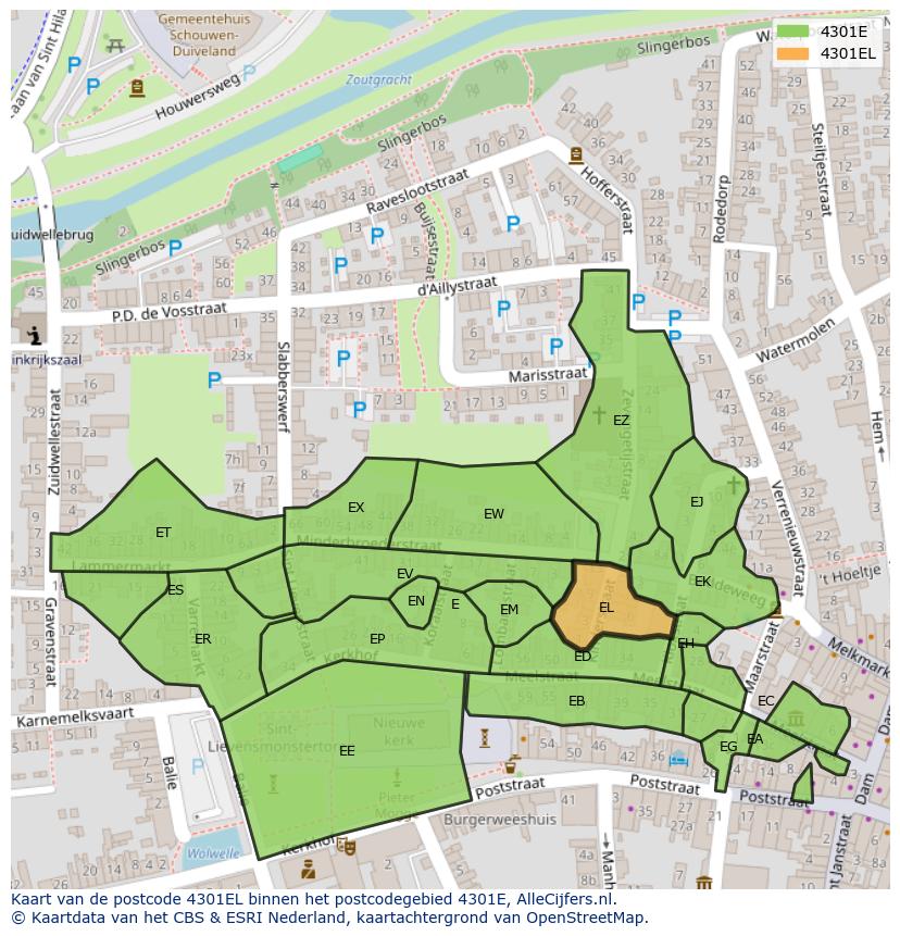 Afbeelding van het postcodegebied 4301 EL op de kaart.