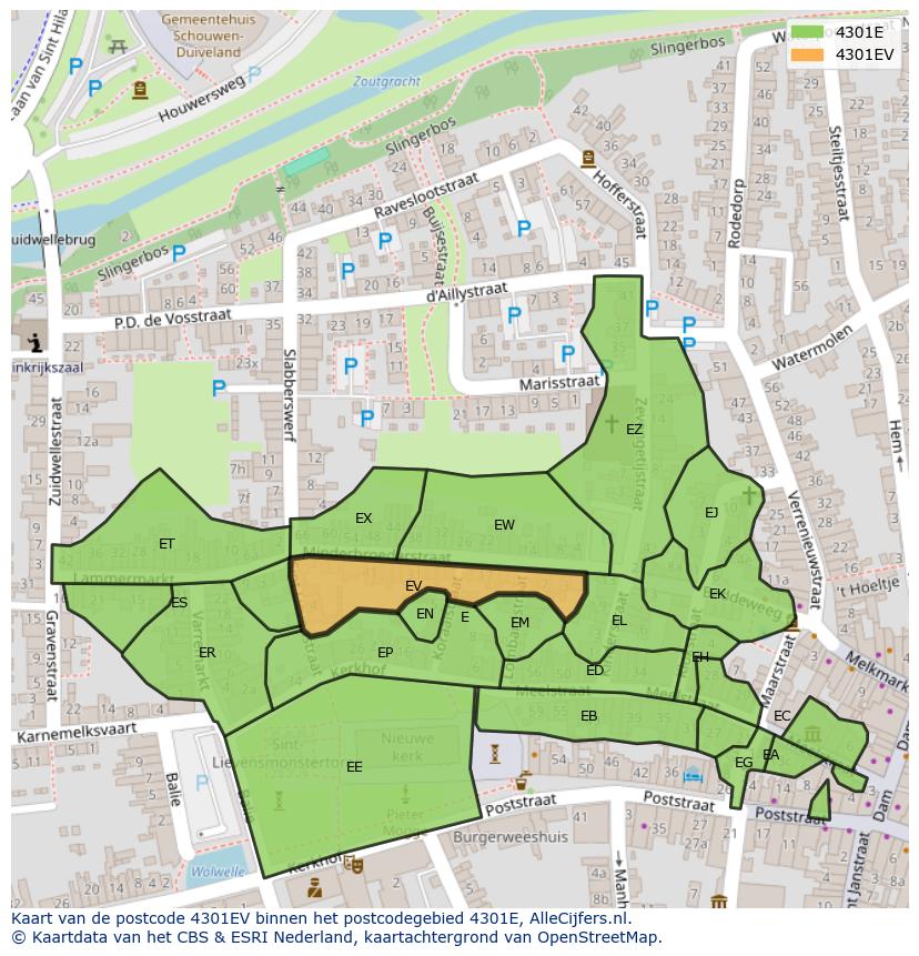Afbeelding van het postcodegebied 4301 EV op de kaart.