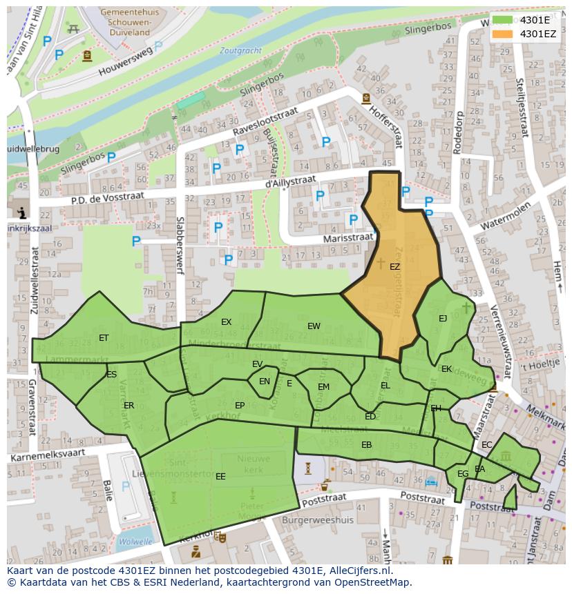 Afbeelding van het postcodegebied 4301 EZ op de kaart.