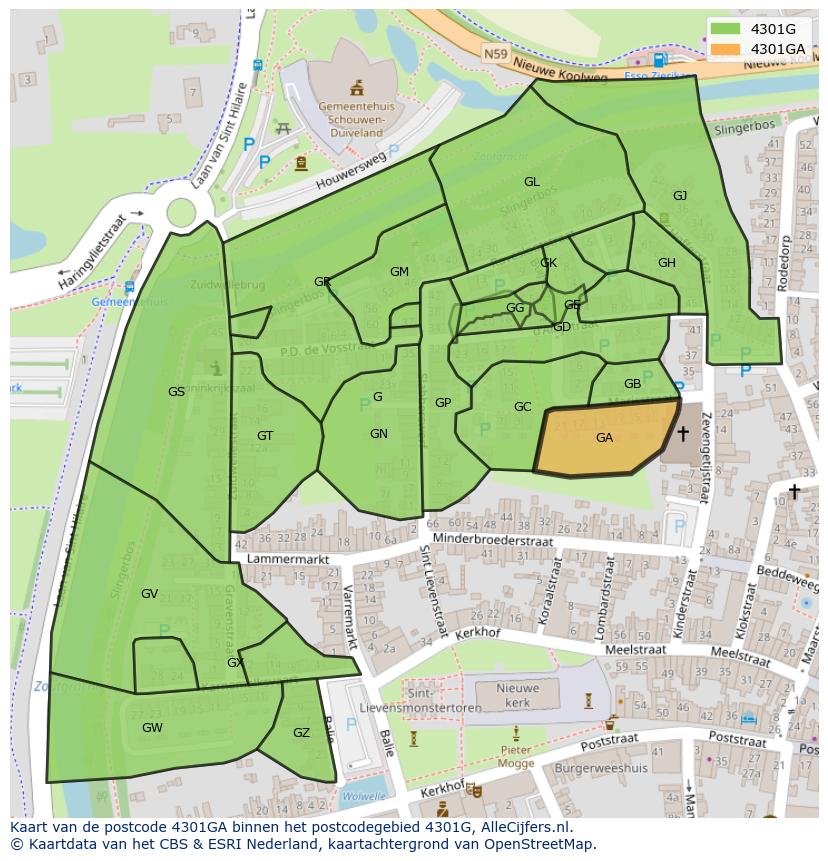 Afbeelding van het postcodegebied 4301 GA op de kaart.