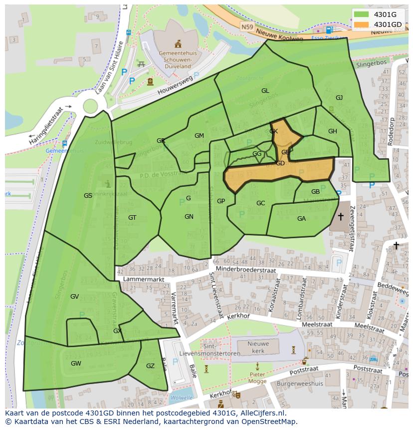 Afbeelding van het postcodegebied 4301 GD op de kaart.