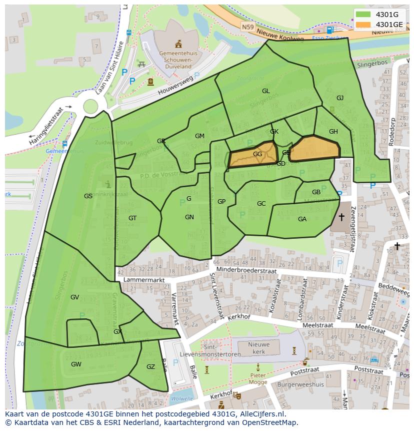 Afbeelding van het postcodegebied 4301 GE op de kaart.