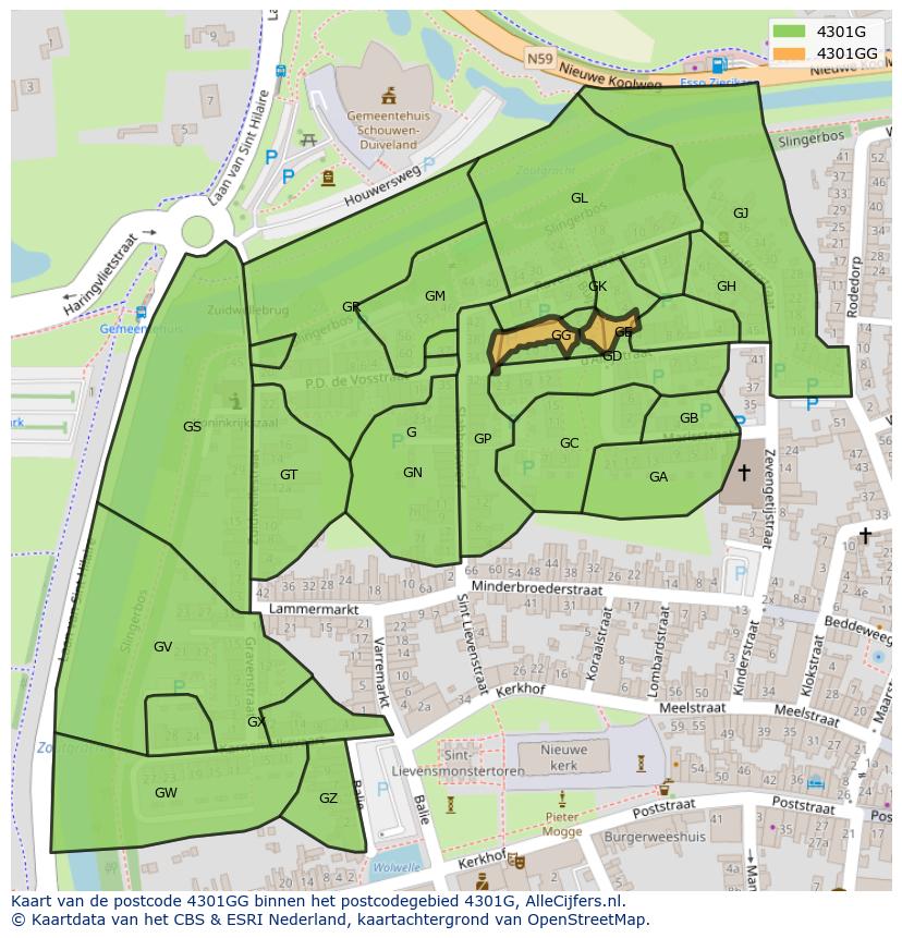Afbeelding van het postcodegebied 4301 GG op de kaart.