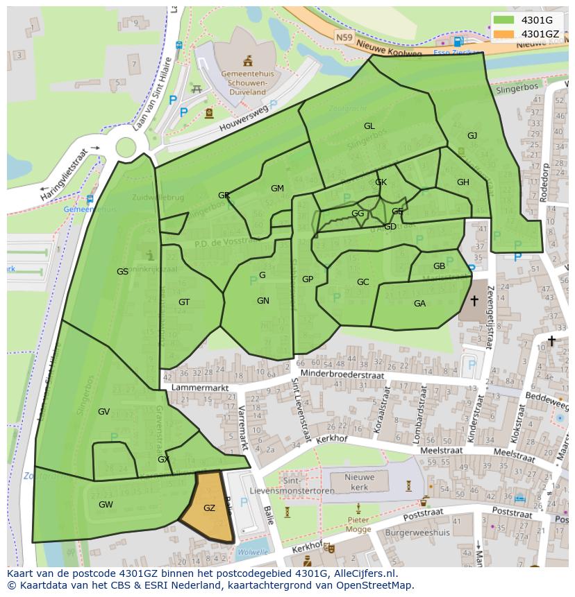 Afbeelding van het postcodegebied 4301 GZ op de kaart.