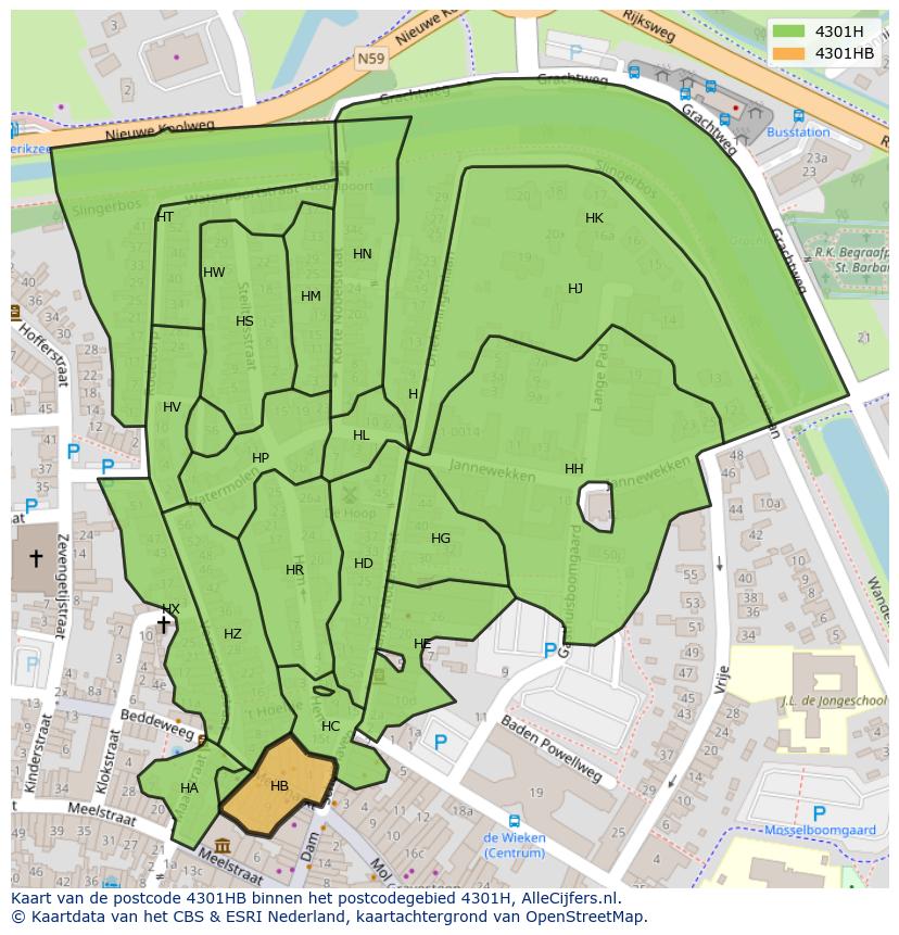 Afbeelding van het postcodegebied 4301 HB op de kaart.