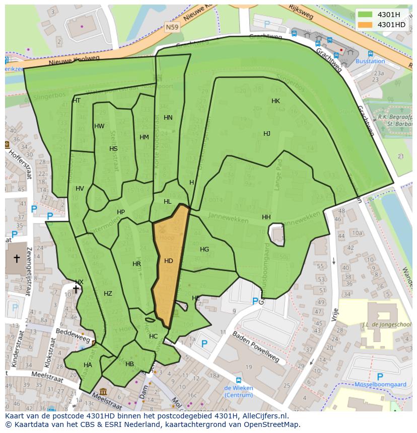 Afbeelding van het postcodegebied 4301 HD op de kaart.