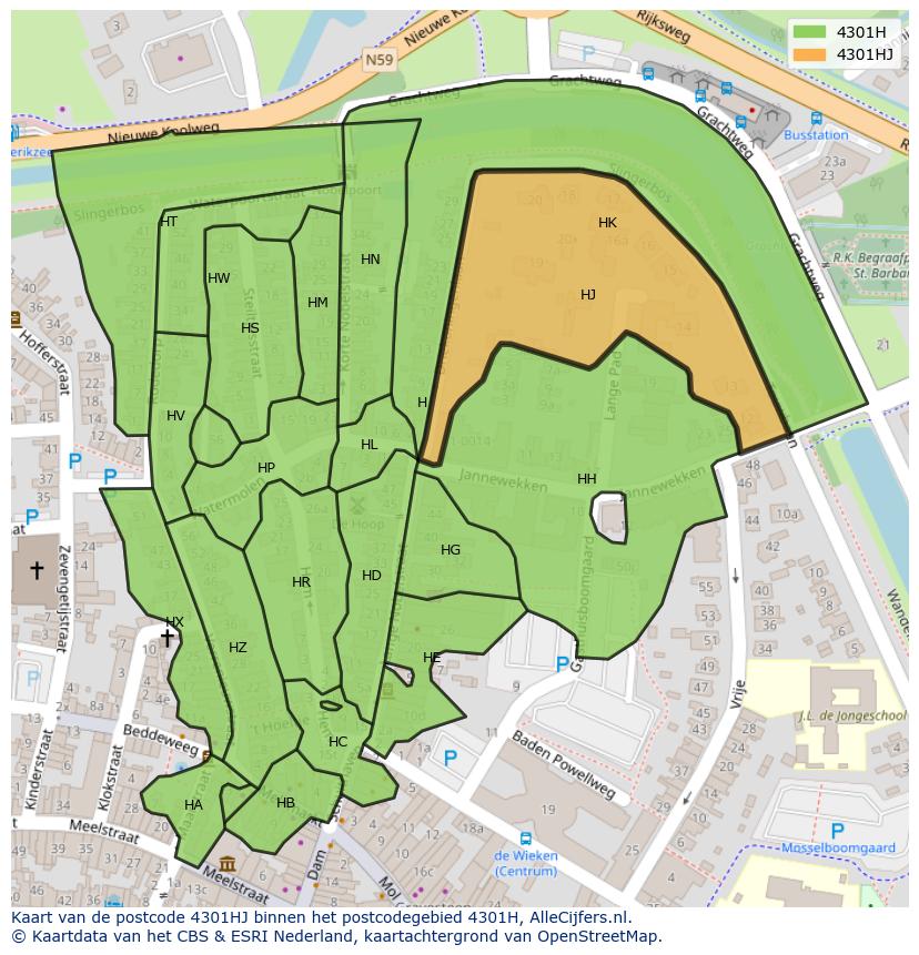 Afbeelding van het postcodegebied 4301 HJ op de kaart.