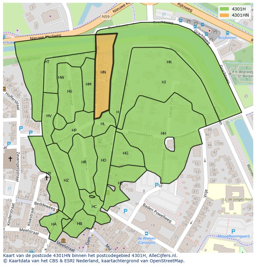 Afbeelding van het postcodegebied 4301 HN op de kaart.