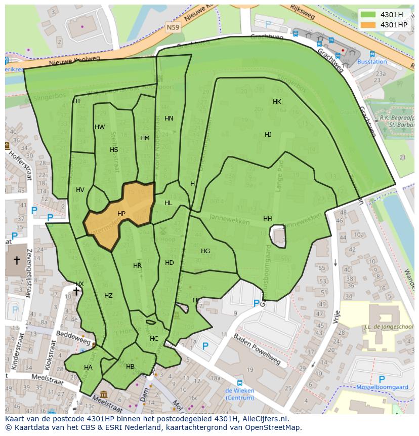 Afbeelding van het postcodegebied 4301 HP op de kaart.