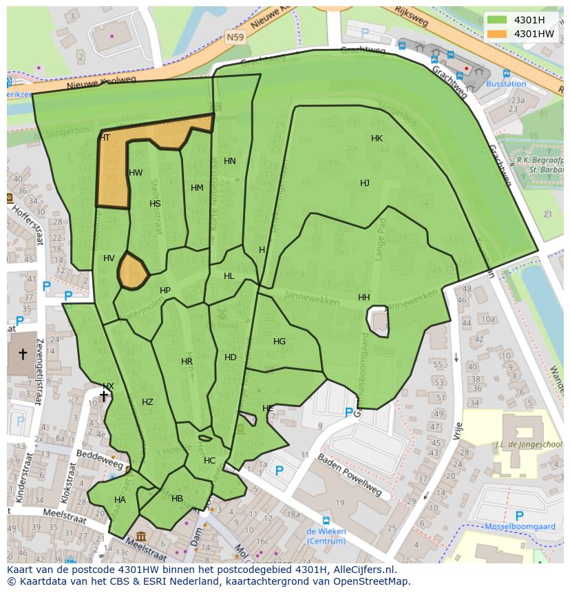 Afbeelding van het postcodegebied 4301 HW op de kaart.