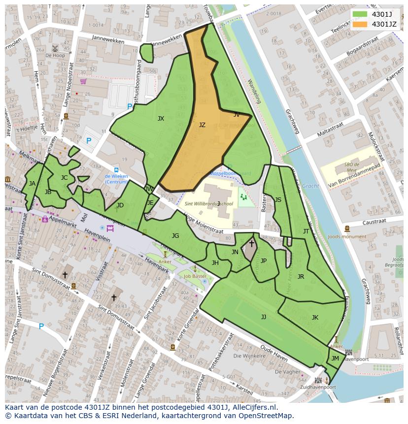 Afbeelding van het postcodegebied 4301 JZ op de kaart.