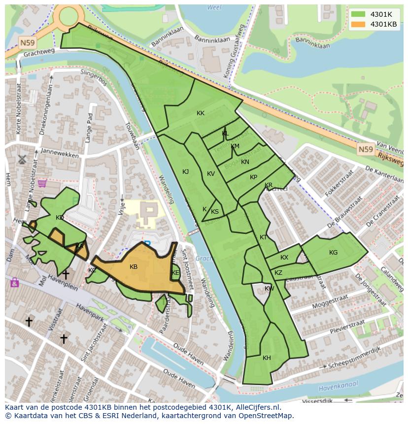 Afbeelding van het postcodegebied 4301 KB op de kaart.