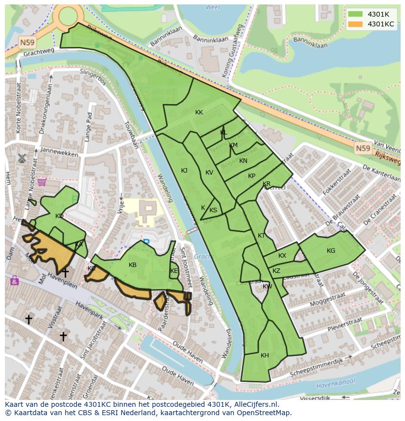 Afbeelding van het postcodegebied 4301 KC op de kaart.