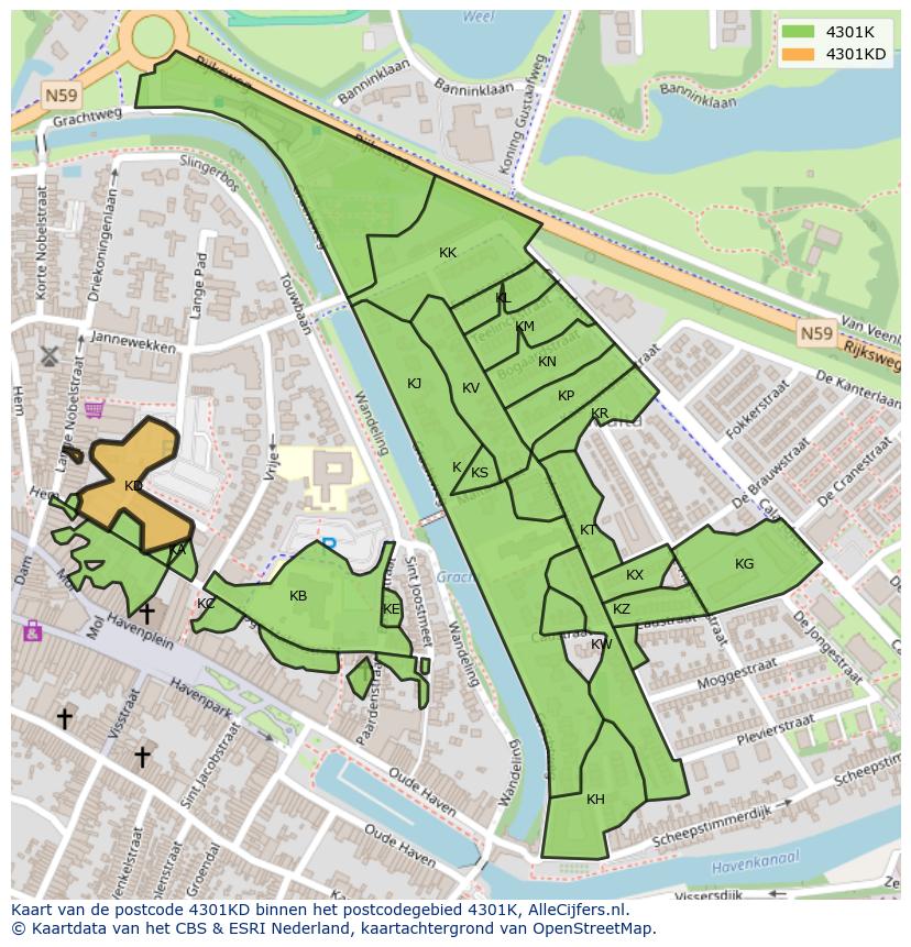 Afbeelding van het postcodegebied 4301 KD op de kaart.