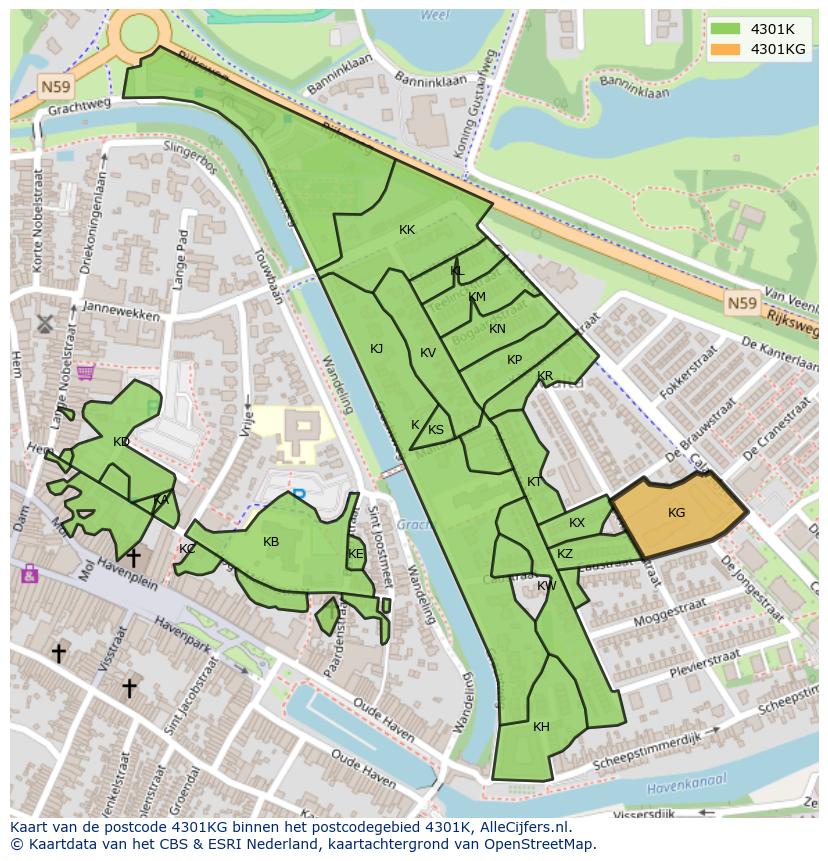 Afbeelding van het postcodegebied 4301 KG op de kaart.