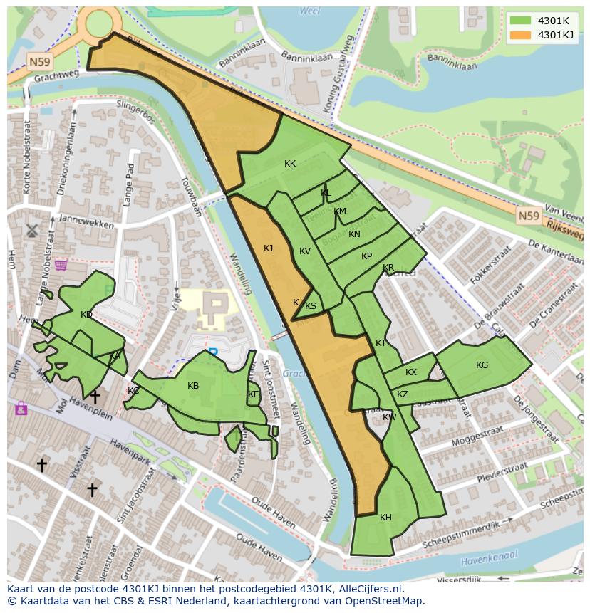 Afbeelding van het postcodegebied 4301 KJ op de kaart.